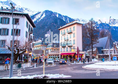 Chamonix Mont Blanc, France - January 25, 2015: Narrow house and street view in oldest ski resort Stock Photo