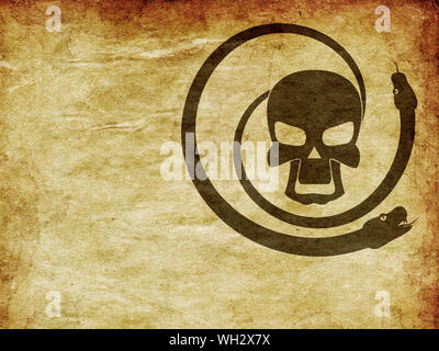 Abstract cartoon skull with snakes in on grunge paper background. Stock Photo