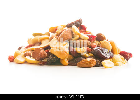 Mix of various nuts and raisins isolated on white background. Stock Photo