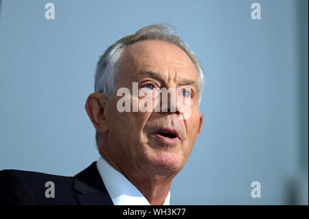 Former prime minister Tony Blair gives a speech at the Institute for Government in central London where he will call for Labour to oppose any move by Boris Johnson to hold an emergency general election until Brexit has been resolved. Stock Photo