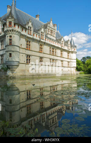 Renaissance castle d'Azay le Rideau and moat build on an island in the Indre river in 1518 in the Loire Valley in France Stock Photo