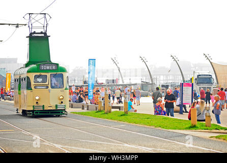 Blackpool heritage tours tram 631 on a busy Blackpool seafront in summer Stock Photo