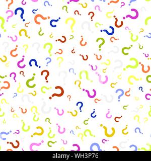 Seamless pattern of question marks scattered on a white background. Colorful poll template. Design for query background, faq, interrogation,  quiz, po Stock Vector