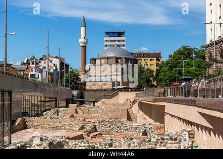 SOFIA, BULGARIA - MAY 31, 2018:   Banya Bashi Mosque and ruins of ancient Serdica in Sofia, Bulgaria Stock Photo