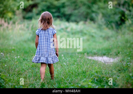 Rear view of a young child girl with unshod feet in  summer dress is walking on a natural meadow in nature Stock Photo