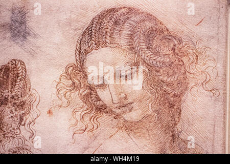 Exhibition of Leonardo Da Vinci's amazing drawings in London which marks the 500th anniversary of the death of Leonardo da Vinci. Stock Photo