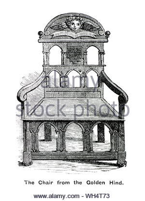 Chair made from the remnants of Sir Francis Drakes English Galleon The Golden Hind, situated in the Bodleian library University of Oxford, vintage illustration from 1884 Stock Photo