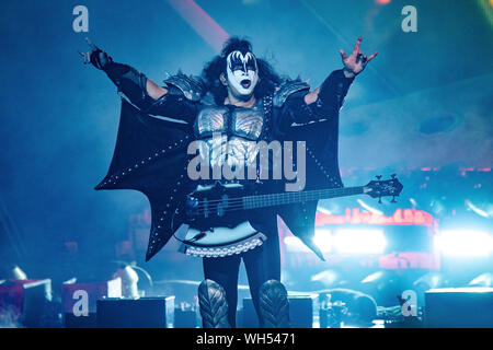 Gene Simmons of KISS performs at the Riverbend Music Center on Thursday, Aug. 29, 2019, in Cincinnati. (Photo by Amy Harris/Invision/AP) Stock Photo