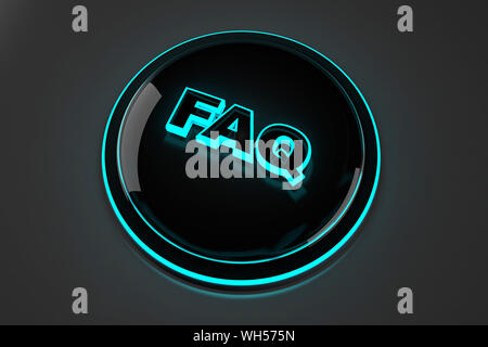3D rendered illustration of a glowing FAQ button for Frequently asked questions. Stock Photo