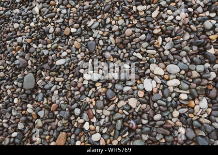 Wet pebbles background, top view. Multi-colored stones and rocks on the seashore. Stock Photo