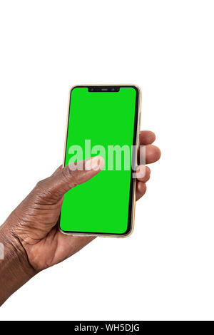 African woman hand holding a phone isolated on white, with green screen Stock Photo