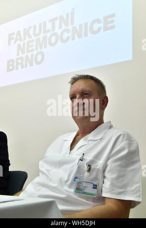 University Hospital Brno doctors have delivered the child of a mother who suffered brain death in the 16th week of pregnancy after 117 days of keeping the mother's body alive, the doctors detailed the August 15 procedure at a press conference on September 2, 2019, in Brno, Czech Republic. On the photo is seen anesthetist Roman Gal. The doctors noted that the case shows the immense strength of the baby, named Eliska by the mother at the start of her pregnancy, as well as the mother's body. With the doctor's help, the 27-year-old woman was able to give birth with the use of a caesarean section e Stock Photo
