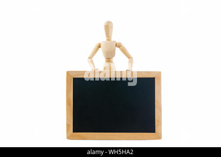 Wooden mannequin and chalkboard isolated on white Stock Photo
