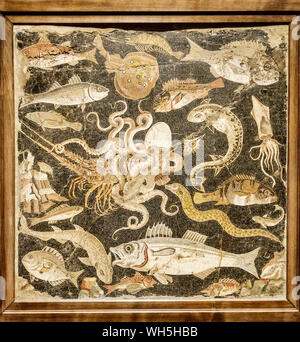Pompeii, Italy. Mosaic of Mediterranean marine life found in the House of the Faun, now in the National Archaeological Museum of Naples (circa 50BC) Stock Photo