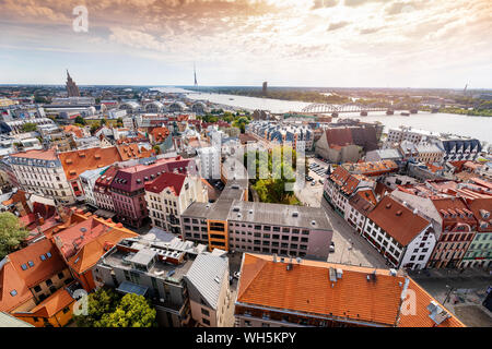 Riga cityscape over old town at sunset Stock Photo