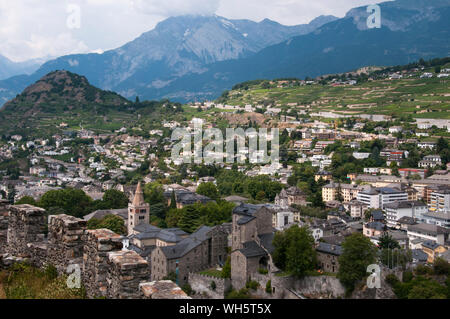 Looking down over Sion, capital of Canton Valais, Switzerland, from the Chateau de Valere Stock Photo