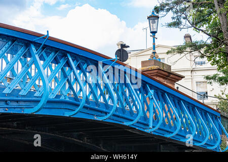 Colourful Detail of the Blue Westbourne Terrace Road Bridge and Street Lamp Over the Grand Union Canal in Little Venice, London. Stock Photo