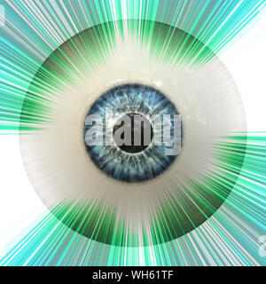 Digitally rendered illustration of an abstract eyeball with green rays background. Stock Photo