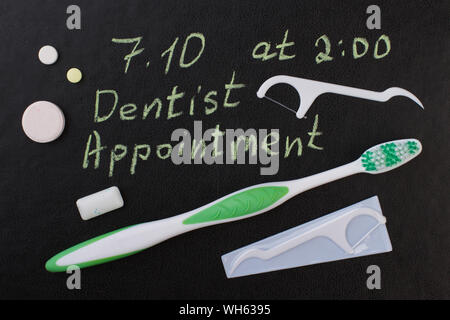 Oral care products on black background. Stock Photo
