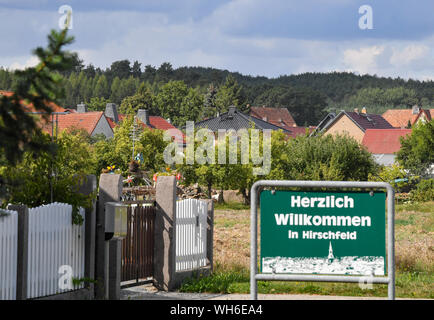 Hirschfeld, Germany. 02nd Sep, 2019. A sign with the inscription 'Herzlich Willkommen in Hirschfeld' (Welcome to Hirschfeld) is located at the end of Hirschfeld in the Elbe-Elster district. In the small municipality of Hirschfeld in the Schradenland office, 50.6 percent of the voters gave their second vote to the AfD in the state elections. It is only a few kilometres from Hirschfeld to the border to Saxony. Credit: Patrick Pleul/dpa-Zentralbild/dpa/Alamy Live News Stock Photo