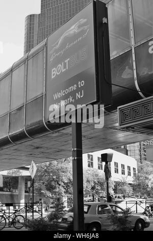 Newark, New Jersey - August 15th 2019: The 'Welcome to Newark, NJ' sign that stands outside the pedestrian entrance to Newark Penn station. Stock Photo