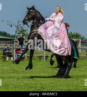 Schloss Hof Großes Pferdefest 2019 Great Equestrian Show at Schloss Hof Castle with two women riding on a side saddle Stock Photo