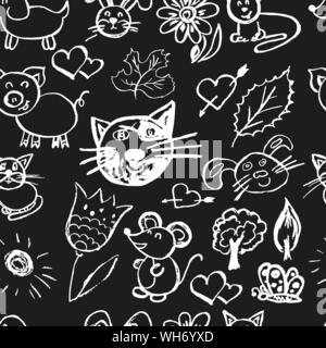 Cute children's drawing. Black and white. Icons, signs, symbols, pins. Cats, hares, flowers, trees, pig Stock Vector