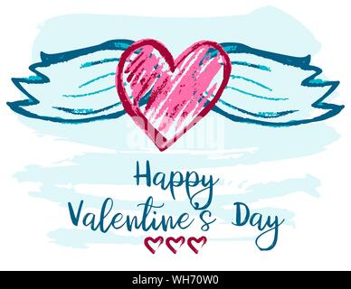 Cute illustration, postcard, flyer, banner. Greeting card with hearts and wings. Happy Valentine's Day Stock Vector