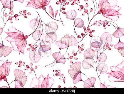Transparent rose watercolor seamless pattern. Hand drawn floral illustration with pink berries for wedding design, surface, textile, wallpaper Stock Photo