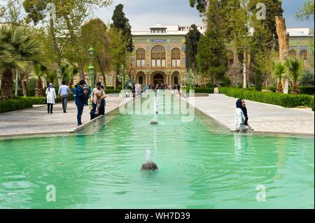 Fountain in front of Golestan Palace, Facade and pond, Tehran, Iran Stock Photo