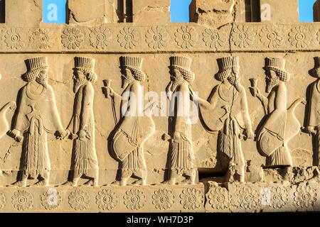 Apadana stairway facade, ancient relief of the Achaemenids, Medes and Persians, Persepolis, Fars Province, Iran Stock Photo