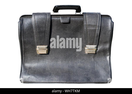 Old, black leather briefcase, isolated on a white background with a clipping path. Stock Photo