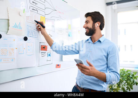 Businessman standing in front of a whiteboard using his smartphone and making notes on a whitboard Stock Photo