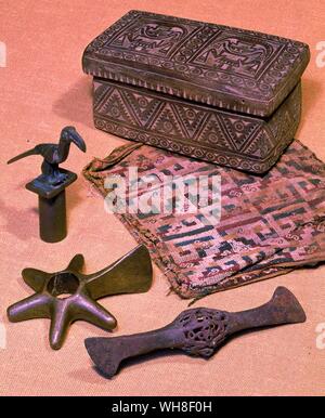 Inca bag for holding crushed coca leaves, sewing box, staft head, club head and carving tool. Stock Photo