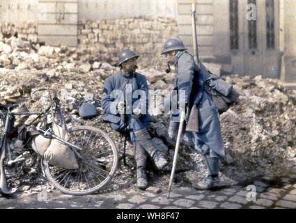 World War One. Two Poilus, French Soldiers, 1916. One of the first colour photos taken. The Great War by Correlli Barnet. Stock Photo