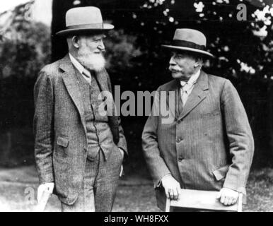 George Bernard Shaw (1856-1950) and Sir Edward Elgar (1857-1934), composer at the first Malvern Festival in 1929. Shaw was an Irish playwright and winner of the Nobel Prize for Literature in 1925. The Genius of Shaw page 77. Stock Photo