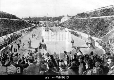 The first modern day Olympic Games in 1896. Spindon Louis (Greece) winning the first marathon.. . . Stock Photo