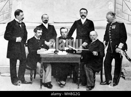Some of the IOC members present at the 1896 Olympic Games, first meeting of the International Olympic Organizing Committee. They are, seated left to right, Baron Pierre de Coubertin (France), President Dimitros Vikelas (Greece) and Aleksei Botovsky (USSR). Standing left to right, Dr Willabald Gebhardt (Germany), Jiri Guthjarkovsky (Czechoslovakia), Francois Kemery (Hungary) and General Viktor Balck (Sweden). The Olympic Games page 23. Stock Photo