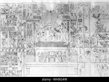 Akhenaten and Nefertiti at the Great State Window of their palace. On the left are the royal princesses and a plan of the palace (Tomb of Pernefer). Nefertiti was the wife of the Egyptian Pharaoh Amenhotep IV (later Akhenaten), and mother-in-law of the Pharaoh Tutankhamen. Tutankhamen by Christiane Desroches Noblecourt, page 144. Stock Photo