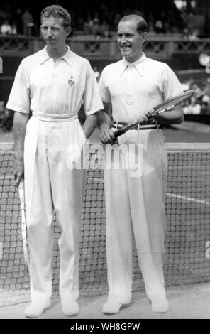 Donald Budge (left, American) and Gottfried von Cramm (German) in 1937. John Budge was a champion tennis player who became famous as the first man to win in a single year the four tournaments that compose the Grand Slam of tennis. He was considered to have the best backhand in the history of tennis, at least until the advent of Ken Rosewall in the 1950s and '60s.The Encyclopedia of Tennis page 36. Stock Photo