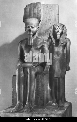 Horemheb and his god. Djeserkheperure Horemheb was the last Pharaoh of the Ancient Egypt 18th Dynasty. Horemheb came from Herakleopolis Magna near the entrance to the Fayum. The Treasures of Tutankhamen, Tutankhamen by Christiane Desroches Noblecourt, page 282.. Stock Photo