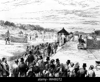 Wimbledon: the scene at the very first championships, 1877. at Worple Road. The Encyclopedia of Tennis page 347. Stock Photo