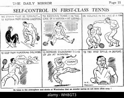 Self Control in First Class Tennis as it appeared to a Daily . Mirror Cartoonist in 7 July 1934. The Encyclopedia of Tennis page 180. Stock Photo