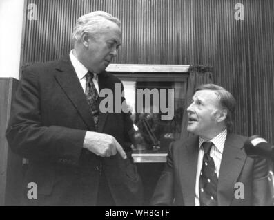 Jimmy Young with Sir Harold Wilson (right). The former Labour Prime Minister is a guest on Jimmy Young's BBC Radio 2 programme, at Broadcasting House 1976.. . . Stock Photo