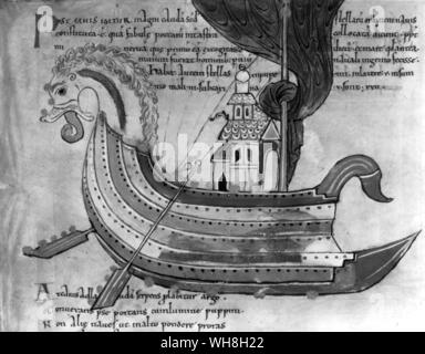 Anglo-Saxon view of a dragon ship, from a tenth century manuscript. The Opening of the World by David Divine, page 55. Stock Photo