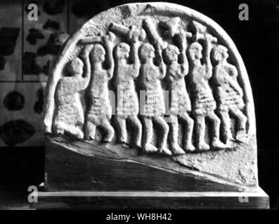 The Vikings attack Lindisfarne, from a picture stone of the eighth or ninth century. Viking warriors ravaged the Anglo-Saxon monastery in 793 AD. The Opening of the World by David Divine, page 58. Stock Photo