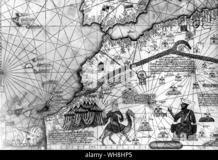 Mansa Musa, Golden Lord of Negroland, on his throne. Facing him a Tuareg on his camel. Detail of North Africa and Spain from a fourteenth century Catalan Atlas by Abraham Cresques, famous cartografo. The African Adventure - A History of Africa's Explorers by Timothy Severin page 10.. . Stock Photo