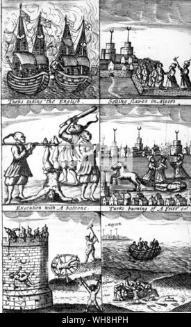 Experiences of Christian slaves in Barbary from a seventeenth century anti-Moor propaganda book - Selling slaves in Algiers - Execution with A batoone (bastinado) - Turks burning of A Frier - Divers Cruelties - Making the boat and their Escape to Mayork (Majorca). The African Adventure - A History of Africa's Explorers by Timothy Severin, page 58. Stock Photo