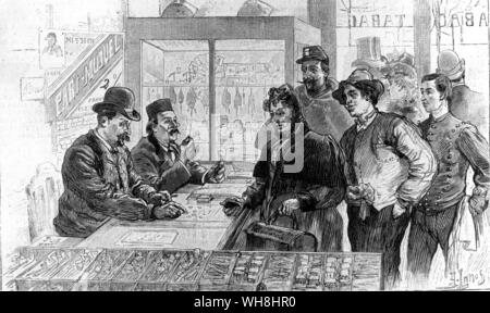 This drawing was published in L'Illustration of 22 March 1890, at a time when the French had not determined on a policy about betting. Bookmakers were still operating, under growing thret of extinction, on the racecourses. the Rue Hanovre betting shops had been closed down. the pari-mutuel had not been given official recognition or its monopoly of on-course betting. Certain tobacconists acted as agents, neither legalized nor quite illegal, for M. Oller's company. They continued to do so illegally after 1891, and legally from 1930. The History of Horse Racing by Roger Longrigg, page 187. Stock Photo