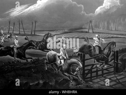 This event was allegedly run by the officers of a regiment stationed at Ipswich in 1803: 'The First Steeplechase on Record. Cannon-Ball, on his Gunpowder horse, challenging the champion to a struggle for the lead. They charged the last fence together: and while the Great Gun jumped smash through the middle of the gate, the grey, still hand in hand, stepped neatly over the strong hurdle fence and bank, by a jump on and off. Subden came third: the Lounger's horse, careless of his woe ful cries. Sipson was making a good line of his own across a field: and two, dismounted in the distance, were Stock Photo